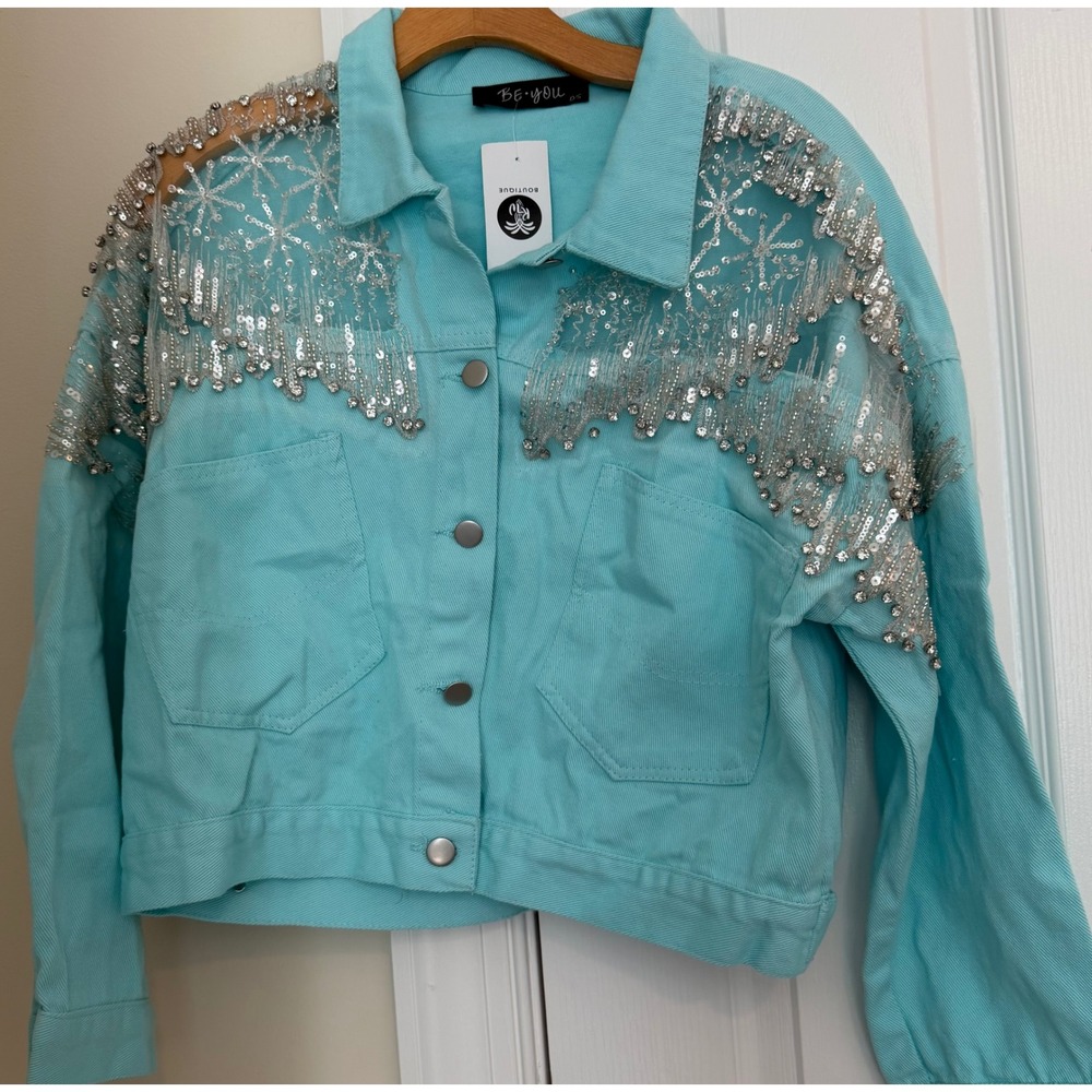 Be You Boutique Laura Turquoise Denim Jacket Sequin Embellished Fringe O/S NEW